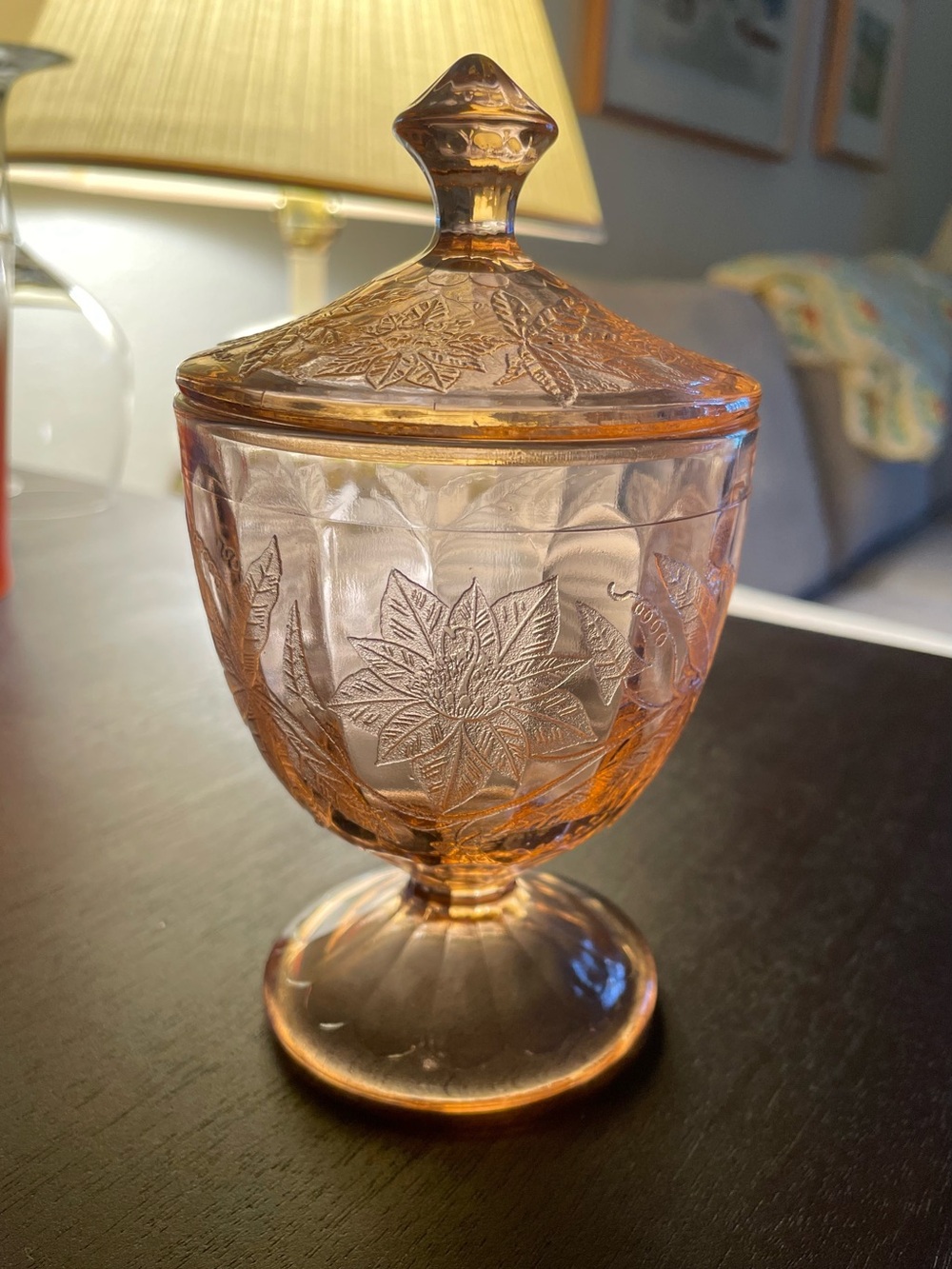 Pink Depression Glass covered candy dish - Jeanette Glass - Floral
